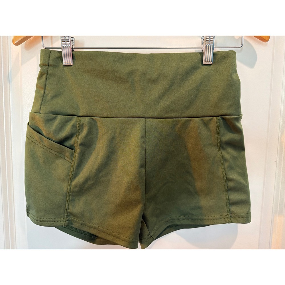 Lemite Womens Olive Green High Waisted Athletic Shorts with Pockets Size M A3203